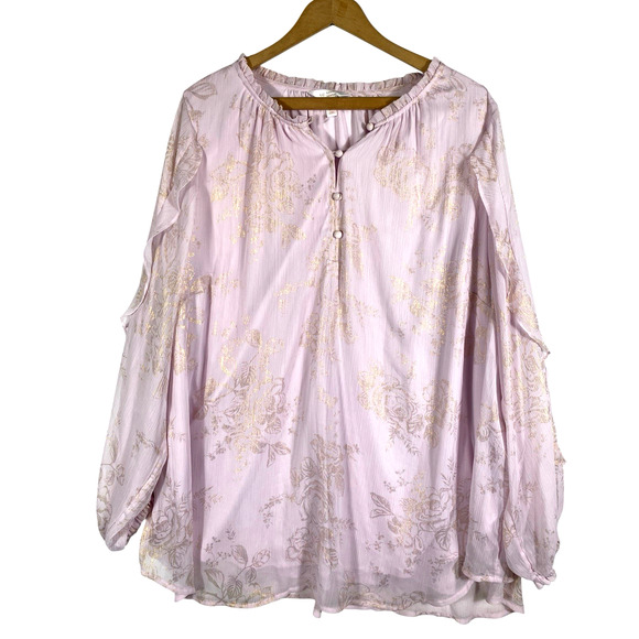 Lauren Conrad Tunic Top Sz 2X Pale Pink Chiffon Gold Floral Romantic Fairy Core - Picture 2 of 13